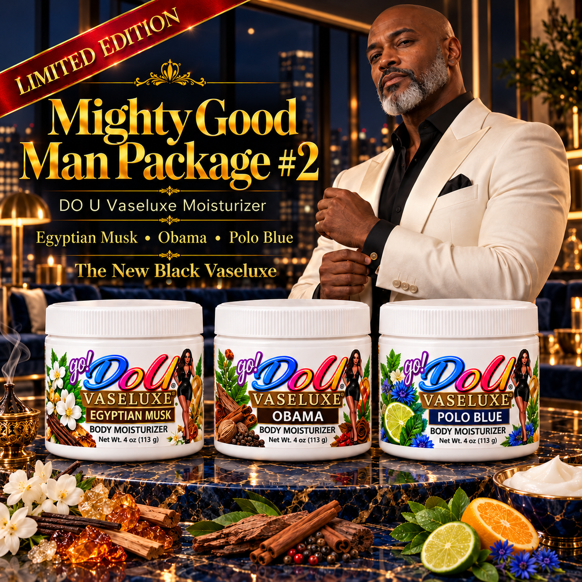 DO U Vaseluxe Mighty Good Man Bundle #2 — Egyptian Musk, Obama & Polo Blue | Three 4 oz Moisturizers