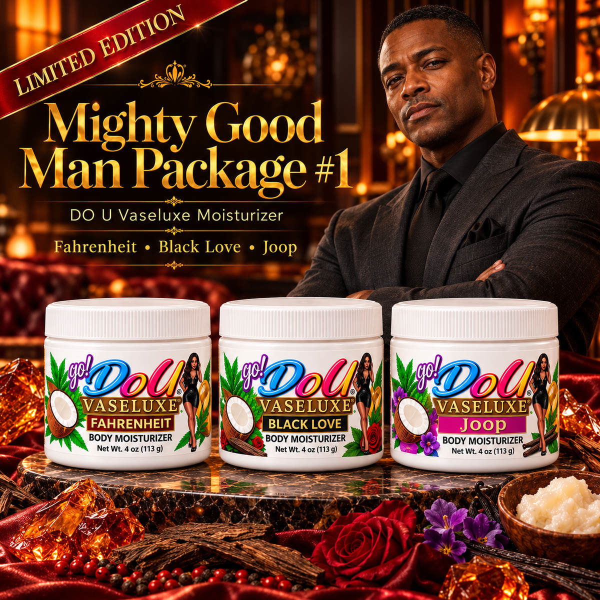 DO U Vaseluxe Mighty Good Man Bundle #1 — Fahrenheit, Black Love & Joop | Three 4 oz Moisturizers