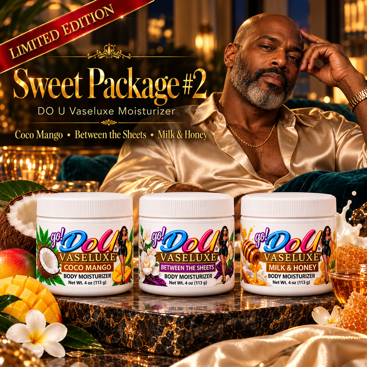 DO U Vaseluxe Sweet Package Bundle #2 — Coco Mango, Between the Sheets & Milk & Honey | Three 4 oz After-Shower Moisturizers